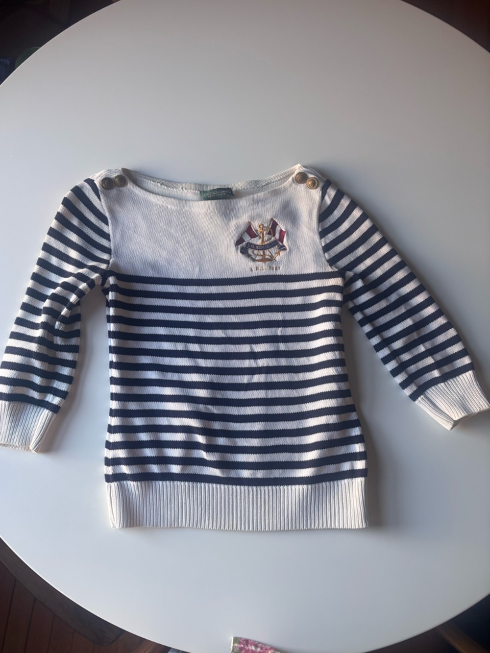Vintage Ralph Lauren White Striped Boatneck Sweater with Embroidered Crest